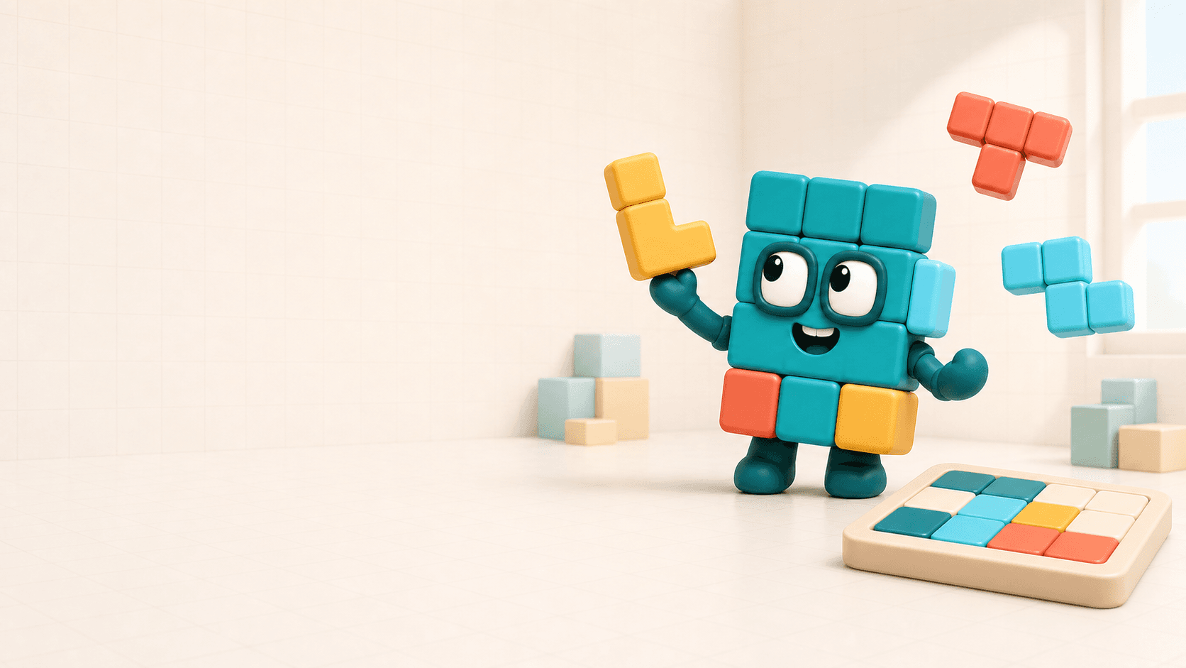 KidSpatial character with colorful block pieces and a puzzle board